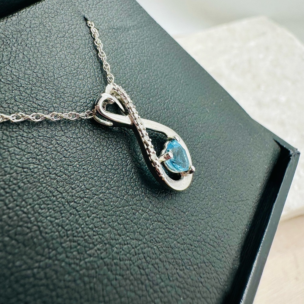 NEW! 925 Sterling Silver Heart-Shaped Blue Topaz & Diamond Infinity Pendant - Picture 7 of 12